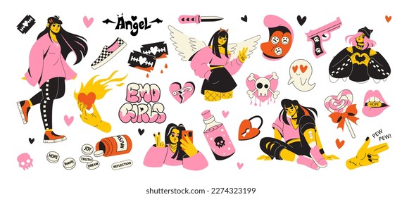 A set of emo elements. Stylish girls in pink and black clothes and stickers and punk paraphernalia. Angel, skull