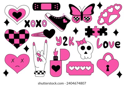 Set of emo elements. Y2k style. Hearts in chessboard, blade, hairpin, brass knuckles, rock sign, sneakers, butterfly, skull, lighter. Black and pink.