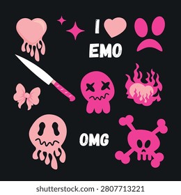 Set of emo stickers in cartoon style. Vector illustration of pink emo stickers and inscriptions: hearts, skulls, stars, knife, bow, I love emo, omg, isolated on dark background. Youth subculture.