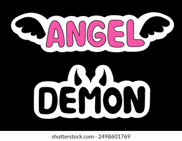 Set of emo stickers. Y2k style. Lettering. Angel and Demon. Black and pink. Vector flat illustration.