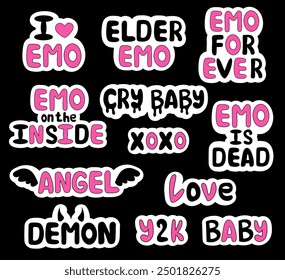 Set of emo stickers. Y2k style. Lettering. Angel and Demon. Cry Baby. Elder Emo. Black and pink. Vector flat illustration.