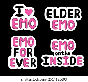 Set of emo stickers. Y2k style. Lettering. Black and pink. Vector flat illustration.