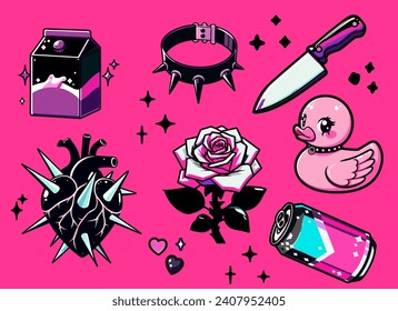 Set of emo Y2K style stickers on a pink background. Vector illustrations of a black heart, a rose, a rubber ducky, a knife and a soda can.