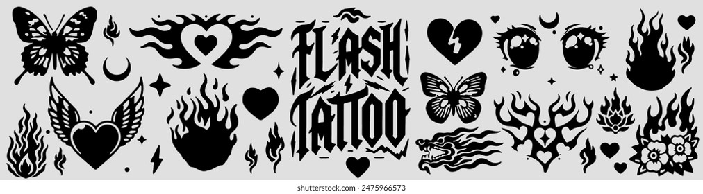 Set of emocore Y2K style flash tattoos with trendy graphic images of flames, ornaments, hearts, butterflies and other designs.