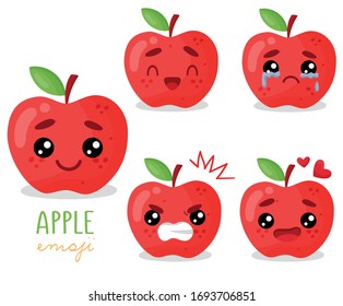 Set of emoji apple with different emotions, smile, laugh, anger, cry, love. An isolated vector illustration with a shadow under each character.