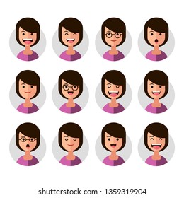 Set of Emoji Avatar Icons. Vector Illustration. Flat Graphic Style. Different Emotions on the Girl's Face. Decorative Design for Web, Chat, Office