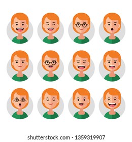 Set of Emoji Avatar Icons. Vector Illustration. Flat Graphic Style. Different Emotions on the Girl's Face. Decorative Design for Web, Chat, Office