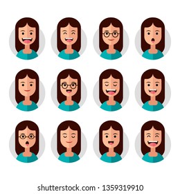 Set of Emoji Avatar Icons. Vector Illustration. Flat Graphic Style. Different Emotions on the Girl's Face. Decorative Design for Web, Chat, Office