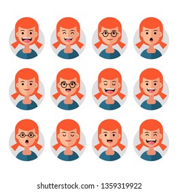 Set of Emoji Avatar Icons. Vector Illustration. Flat Graphic Style. Different Emotions on the Girl's Face. Decorative Design for Web, Chat, Office