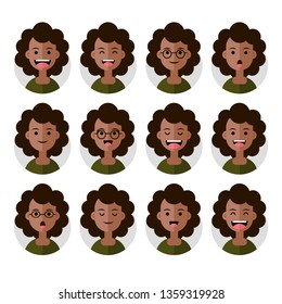 Set of Emoji Avatar Icons. Vector Illustration. Flat Graphic Style. Different Emotions on the Girl's Face. Decorative Design for Web, Chat, Office