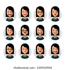 Set of Emoji Avatar Icons. Vector Illustration. Flat Graphic Style. Different Emotions on the Girl's Face. Decorative Design for Web, Chat, Office