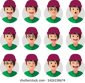 Set of Emoji Avatar Icons. Vector Illustration. Flat Graphic Style. Different Emotions on the Boys Face. Decorative Symbol Head Design for Web, Chat, Office