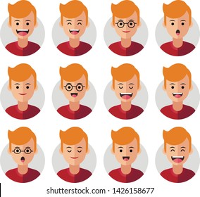 Set of Emoji Avatar Icons. Vector Illustration. Flat Graphic Style. Different Emotions on the Boys Face. Decorative Symbol Head Design for Web, Chat, Office