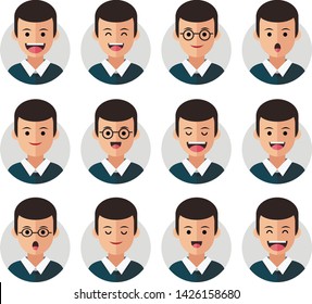 Set of Emoji Avatar Icons. Vector Illustration. Flat Graphic Style. Different Emotions on the Boys Face. Decorative Symbol Head Design for Web, Chat, Office