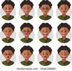 Set of Emoji Avatar Icons. Vector Illustration. Flat Graphic Style. Different Emotions on the Boys Face. Decorative Symbol Head Design for Web, Chat, Office