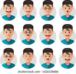 Set of Emoji Avatar Icons. Vector Illustration. Flat Graphic Style. Different Emotions on the Boys Face. Decorative Symbol Head Design for Web, Chat, Office
