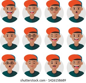 Set of Emoji Avatar Icons. Vector Illustration. Flat Graphic Style. Different Emotions on the Boys Face. Decorative Symbol Head Design for Web, Chat, Office