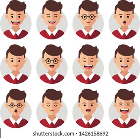 Set of Emoji Avatar Icons. Vector Illustration. Flat Graphic Style. Different Emotions on the Boys Face. Decorative Symbol Head Design for Web, Chat, Office