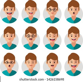 Set of Emoji Avatar Icons. Vector Illustration. Flat Graphic Style. Different Emotions on the Boys Face. Decorative Symbol Head Design for Web, Chat, Office