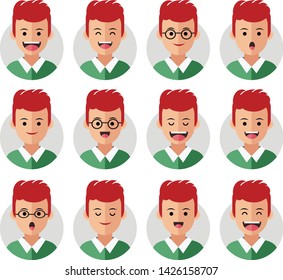 Set of Emoji Avatar Icons. Vector Illustration. Flat Graphic Style. Different Emotions on the Boys Face. Decorative Symbol Head Design for Web, Chat, Office