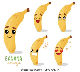 Set of emoji banana with different emotions, smile, laugh, anger, cry, love. An isolated vector illustration with a shadow under each character.