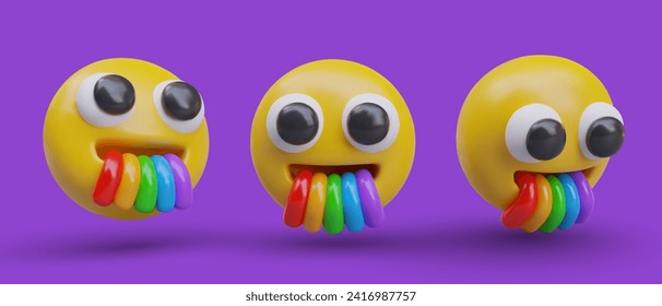 Set of emoji with big eyes and mouth with rainbow in different positions. Funny emoticon yawning with rainbow. Vector illustration in 3d style with purple background