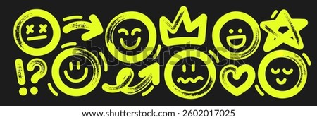 Set of emoji with brush, marker or crayon texture. Sad, happy, smile and angry emoticon for design. Yellow vector illustration on a blackboard.