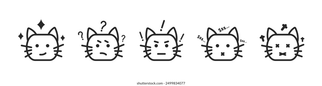 Satz von Emoji-Katzen-Vektorgrafik. Lineare Reihe von Katzen mit verschiedenen Emotionen Smiley Vektor. Autor Set von Aufklebern mit Vektorkatzen. Gesichter von Katzen.