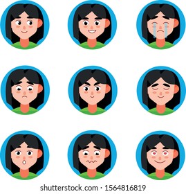 Set of emoji character. Cartoon style emotion icons. Flat illustration caucasian women's emotional faces. Hand drawn vector emoticon