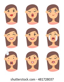 Set of emoji character. Cartoon style emotion icons. Isolated girl avatars with different facial expressions. Flat illustration women's emotional faces. Hand drawn vector drawing emoticon