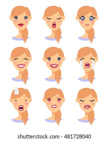 Set of emoji character. Cartoon style emotion icons. Isolated girl avatars with different facial expressions. Flat illustration women's emotional faces. Hand drawn vector drawing emoticon