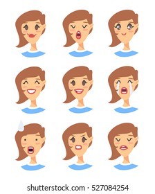 Set of emoji character. Cartoon style emotion icons. Isolated girl avatars with different facial expressions. Flat illustration women's emotional faces. Hand drawn vector drawing emoticon