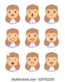 Set of emoji character. Cartoon style emotion icons. Isolated girl avatars with different facial expressions. Flat illustration women's emotional faces. Hand drawn vector drawing emoticon