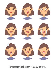 Set of emoji character. Cartoon style emotion icons. Isolated girl avatars with different facial expressions. Flat illustration women's emotional faces. Hand drawn vector drawing emoticon