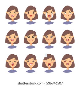Set of emoji character. Cartoon style emotion icons. Isolated girl avatars with different facial expressions. Flat illustration women's emotional faces. Hand drawn vector drawing emoticon