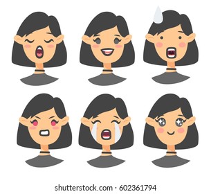 Set of emoji character. Cartoon style emotion icons. Isolated gothic girl avatars with different facial expressions. Flat illustration women's emotional faces. Hand drawn vector drawing emoticon