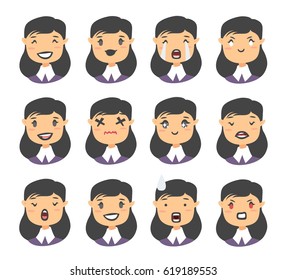 Set of emoji character. Cartoon style emotion icons. Isolated gothic girl avatars with different facial expressions. Flat illustration caucasian women's emotional faces. Hand drawn vector emoticon