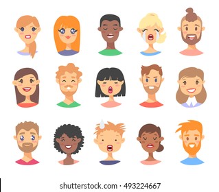 Set of emoji characters. Cartoon style emotion icons. Isolated people avatars with different facial expressions. Flat illustration emotional faces. Hand drawn vector drawing emoticon. Boys and  girls