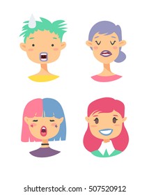 Set of emoji characters. Cartoon style emotion icons. Isolated holopunk girls avatars with different facial expressions. Flat illustration women's emotional faces. Hand drawn vector acid emoticon