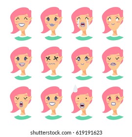 Set of emoji characters. Cartoon style emotion icons. Isolated holopunk girls avatars with different facial expressions. Flat illustration women's emotional faces. Hand drawn vector acid emoticon