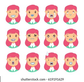 Set of emoji characters. Cartoon style emotion icons. Isolated holopunk girls avatars with different facial expressions. Flat illustration women's emotional faces. Hand drawn vector acid emoticon