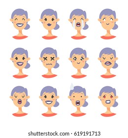 Set of emoji characters. Cartoon style emotion icons. Isolated holopunk girls avatars with different facial expressions. Flat illustration women's emotional faces. Hand drawn vector acid emoticon