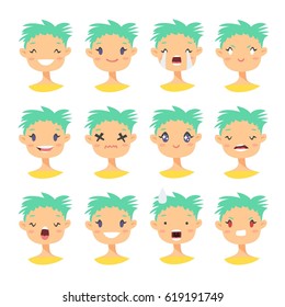 Set of emoji characters. Cartoon style emotion icons. Isolated holopunk girls avatars with different facial expressions. Flat illustration women's emotional faces. Hand drawn vector acid emoticon