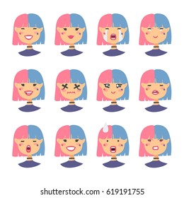 Set of emoji characters. Cartoon style icons. Isolated holopunk girls avatars with different facial expressions. Flat illustration asian women's emotional faces. Hand drawn vector acid emoticon