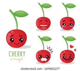 Set of emoji cherry with different emotions, smile, laugh, anger, cry, love. An isolated vector illustration with a shadow under each character.