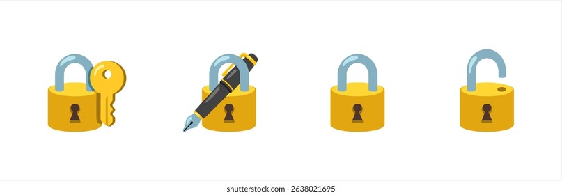 Set emoji closed and open lock with key. Emoji vector illustration.