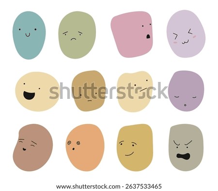 Set of emoji collection. different cute expression with neutral color. expressive facial flat vector emojis isolated on background