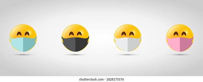 Set emoji in colorful mouth masks. Virus protection. Yellow emoji icon on grey template. Vector