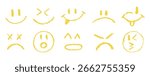 Set of emoji crayon faces. Different faces with emotions and crayon pencil texture