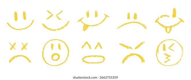 Eine Reihe von Emoji-Buntstiftgesichtern. Verschiedene Gesichter mit Emotionen und Buntstifttextur